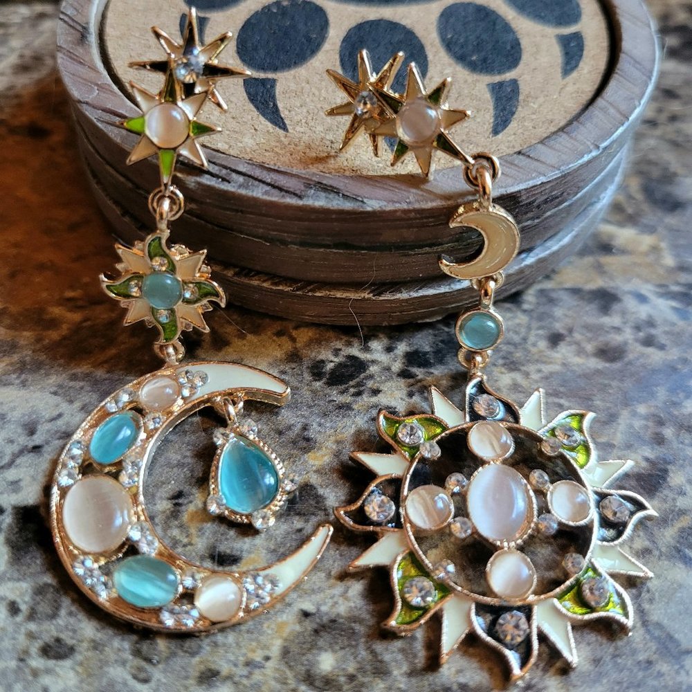 Sun And Moon Stud Earrings Fashion Star Sun Moon Rhinestone Crystals